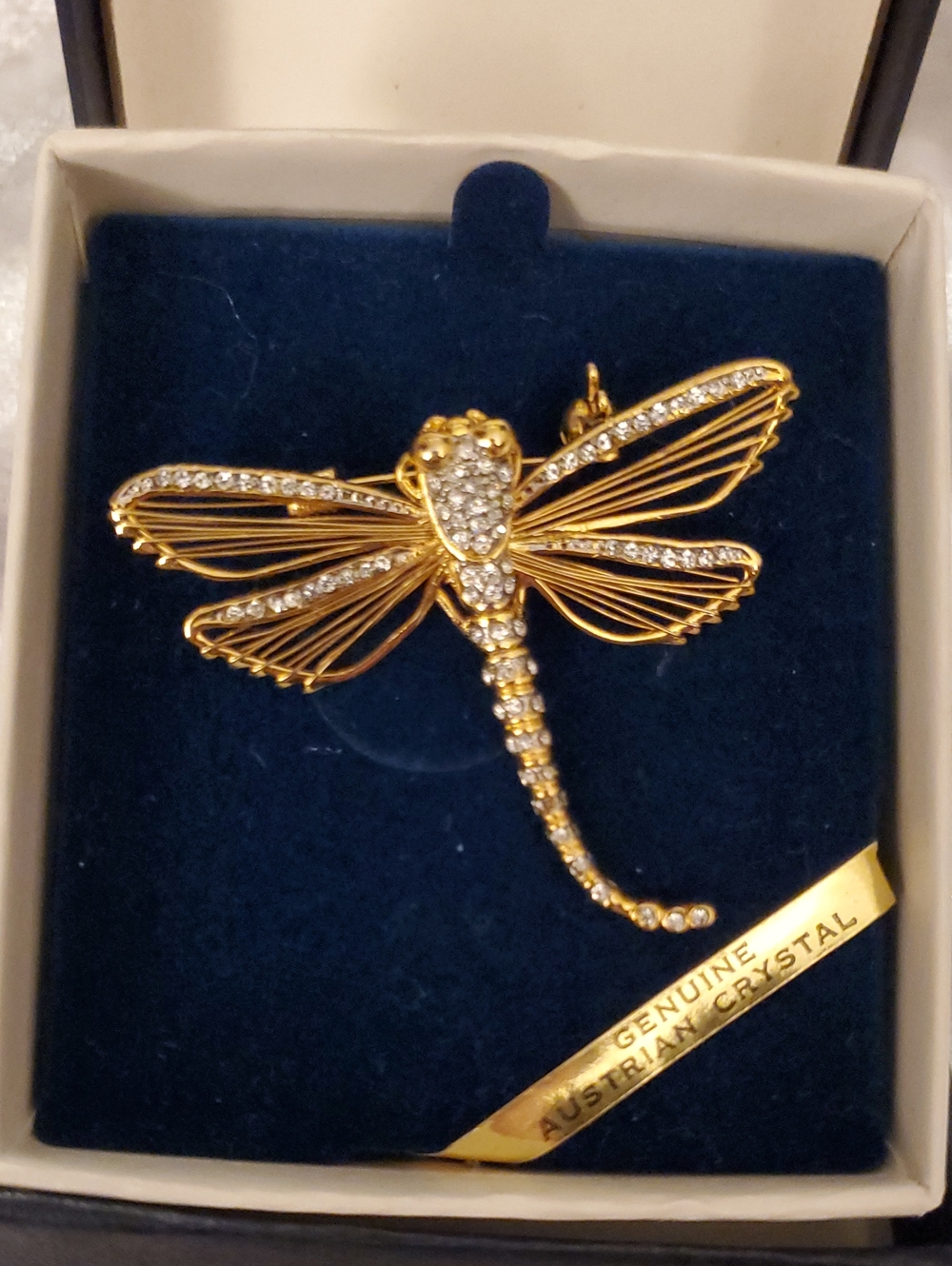 Vintage Verite Gold Tone Articulated Dragonfly Brooch Pin With Austrian Crystals